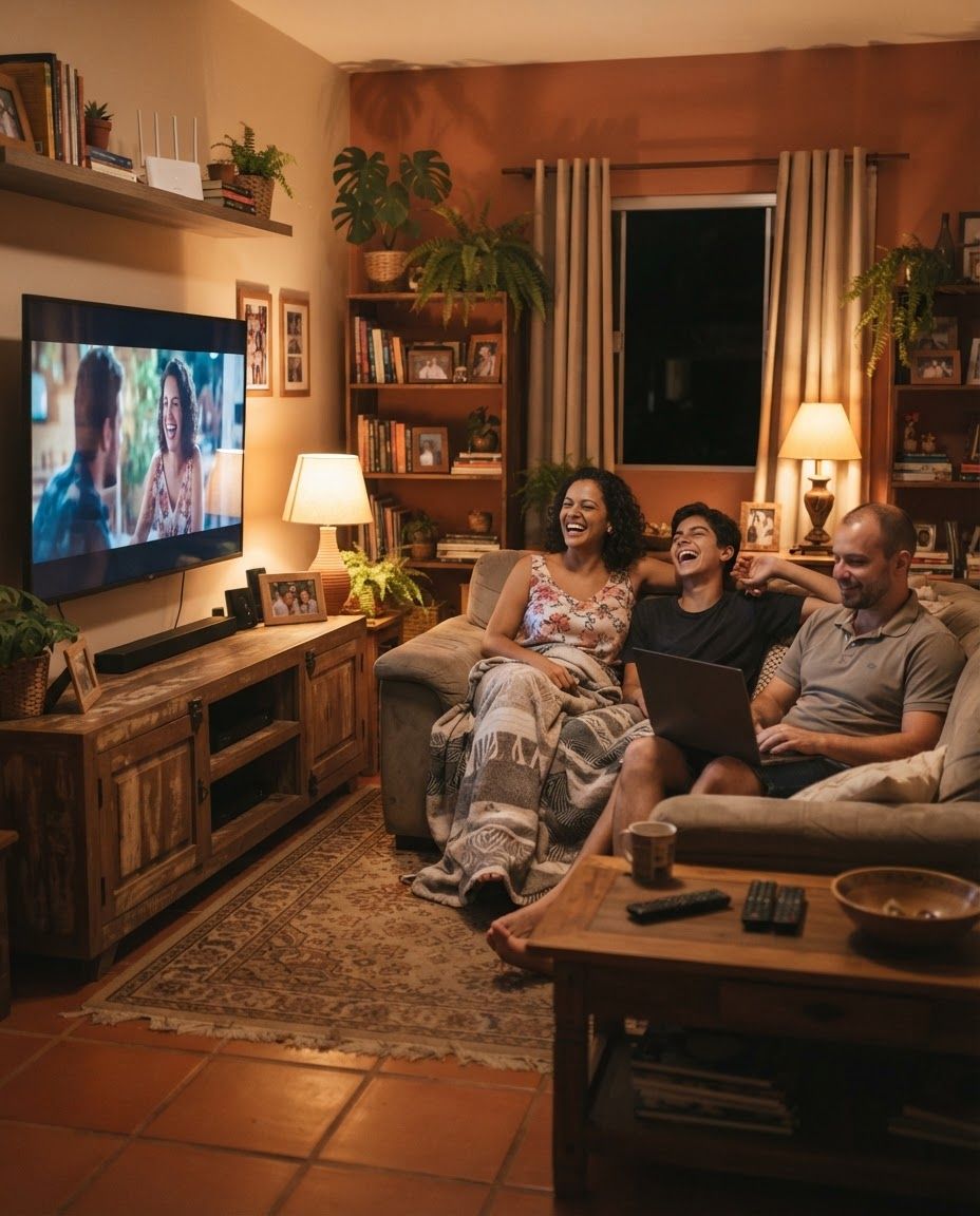 Família reunida em casa usando a internet, com a Gubnet em Guaiba